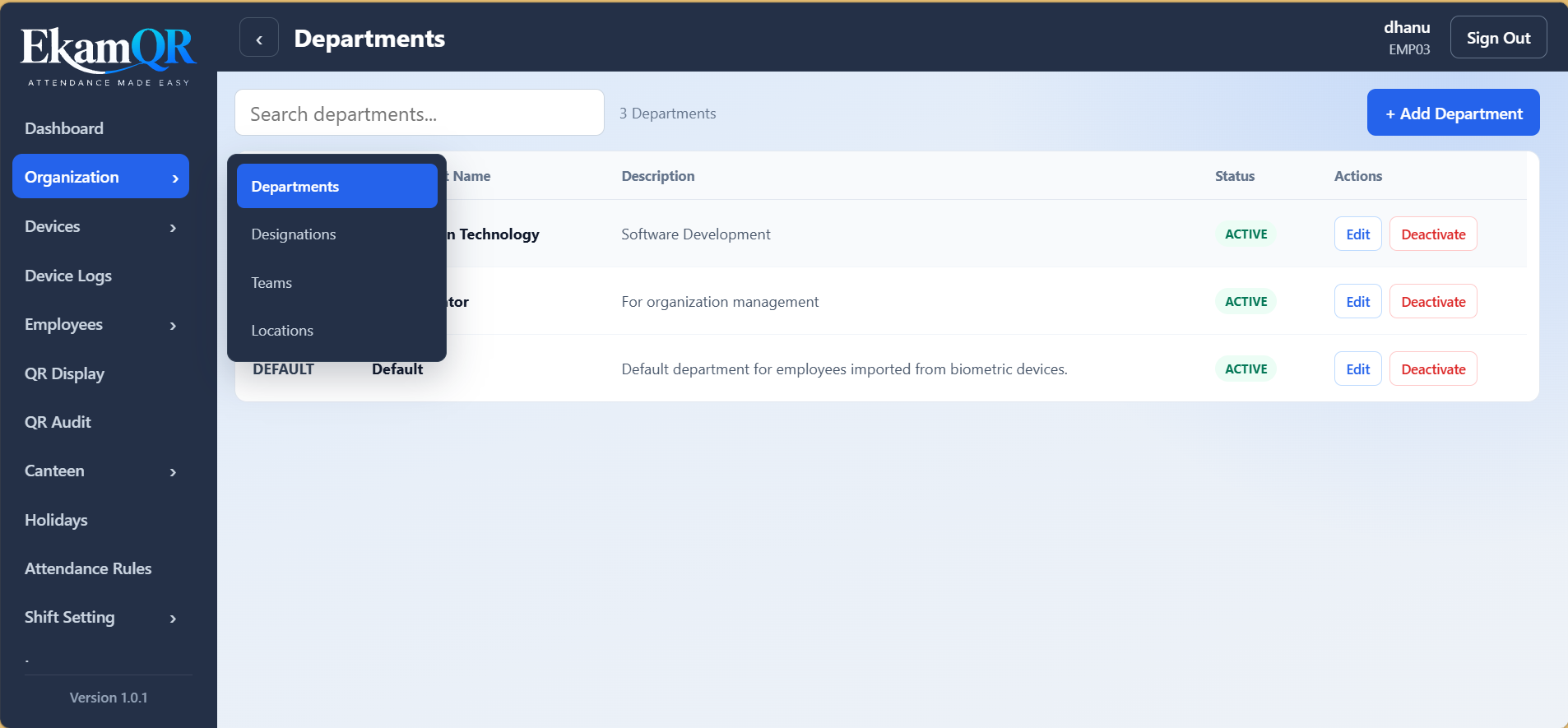 EkamQR Organization Management