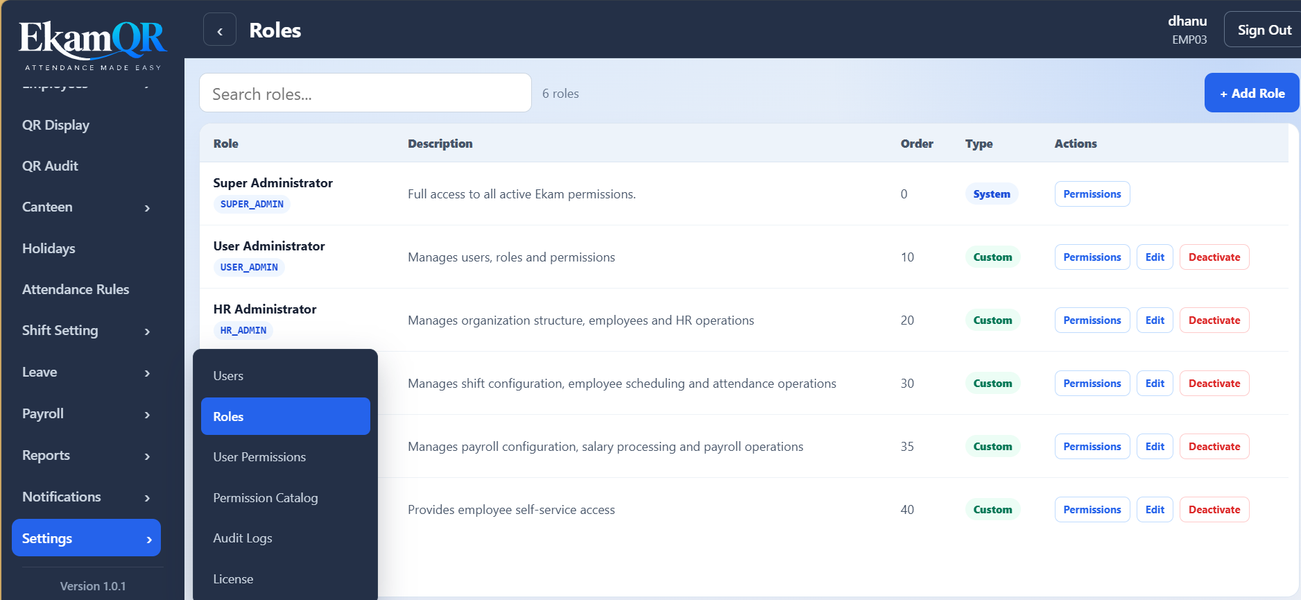 EkamQR Roles and Permissions