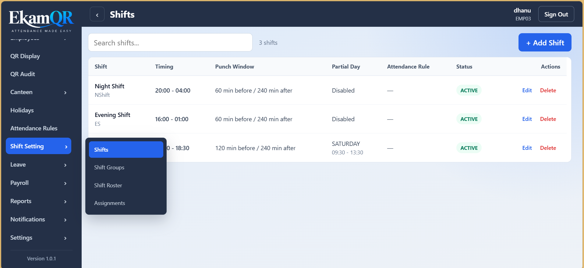 EkamQR Shift Settings